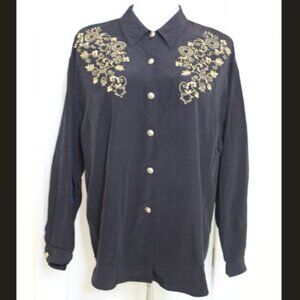 362 - Impressions California 1980's Black with Gold Button Front Blouse Size 16